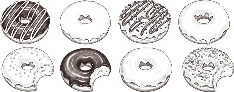 Hand-drawn vector illustration of assorted donuts in black-and-white, some bitten, transparent background, sweet treats, dessert collection, bakery items, and confectionery snacks