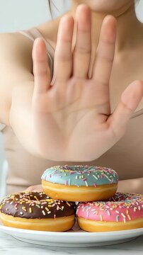 目の前のカラフルなドーナツを拒否する女性の手元