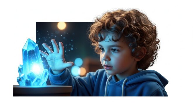Child using magic spells with glowing hands
