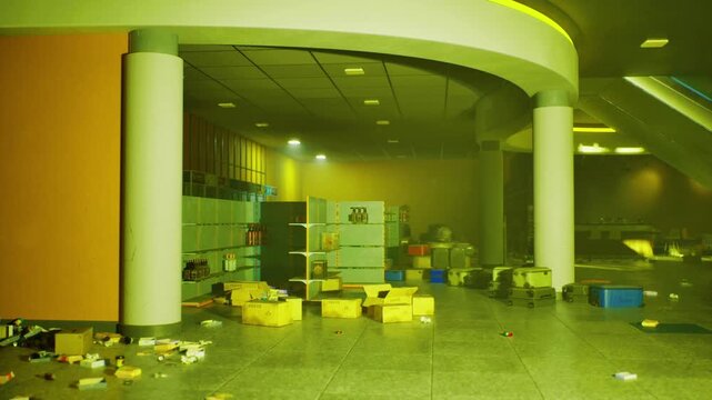 Green lit mall interior suggesting contamination and hazard, stacked crates and scattered boxes under sickly fluorescent glow, wet reflections on floor