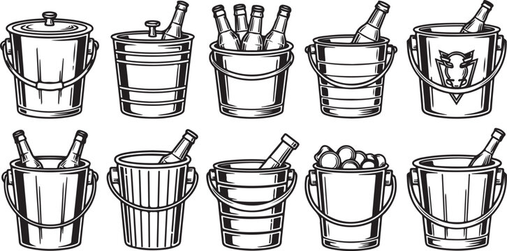 Set of twelve vintage style tin cans and buckets vector illustration Vector