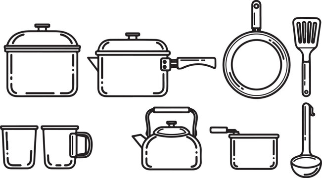 Line art icons set of cooking pots pans and utensils isolated on white Vector