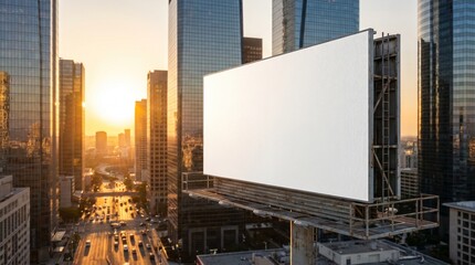 Obraz premium Large blank outdoor billboard ready for advertisement mockup, prominently positioned above a bustling city street at sunset with modern urban architecture