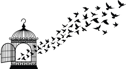Flock of birds flying out of an open cage silhouette isolated on a white background © Saminur