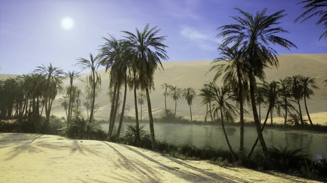 Bright sun illuminating silent water amidst desert palms and dunes. Serene oasis featuring swaying palms and gentle dunes under warm sunlight in Saudi Arabia