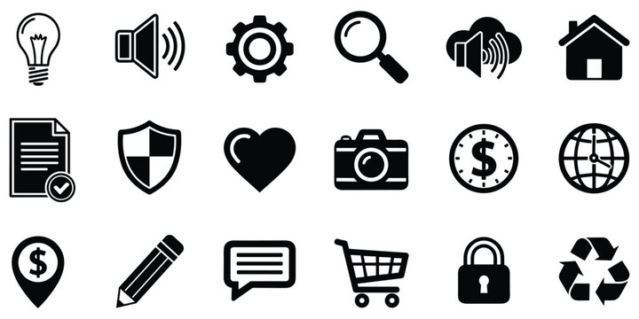 Set of black web and business icons for user interface design isolated on transparent background