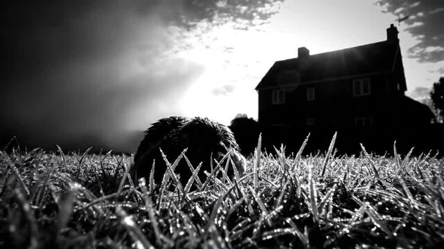 Black and white close up of a pigeon in the grass with a house in the background, a moody, peaceful scene