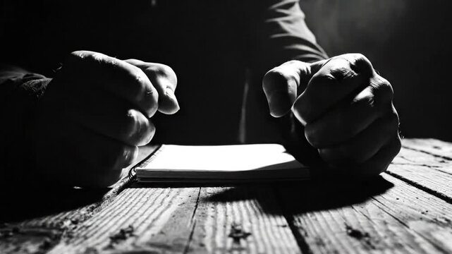 Dramatic black and white close up of a man's hands on a notepad on a weathered wooden table