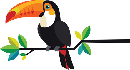 Colorful flat vector illustration of a tropical toucan bird perched on a branch isolated on white background © Saminur