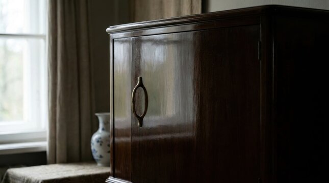 A dark lacquered wooden cabinet door with an ornate handle reflecting light, showcasing antique craftsmanship and elegant interior design.