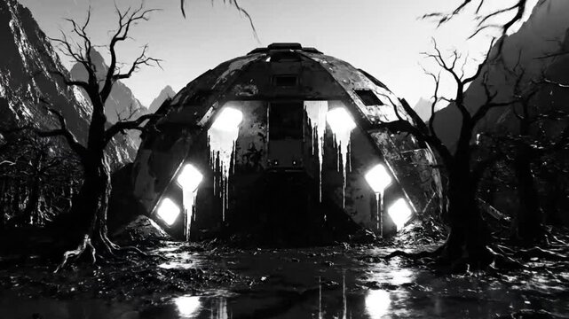 Mysterious abandoned alien spaceship in dark forest environment with eerie glowing lights and ominous mood