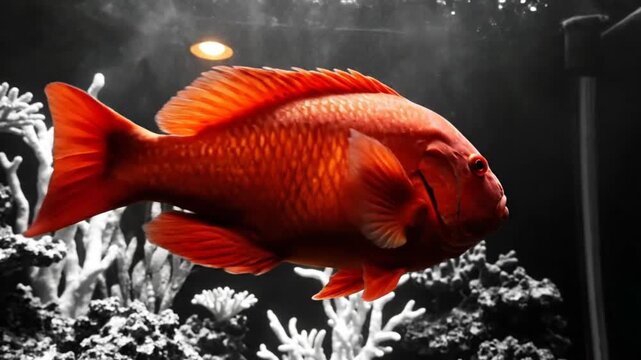 Striking red fish gracefully swims in a black and white aquarium, showcasing vibrant colors and tranquil underwater scene