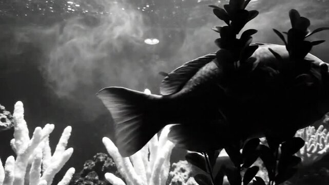 Black and white underwater fish swimming in an aquarium, surrounded by coral and plants with dreamy atmosphere