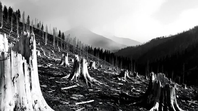 Black and White Landscape of a Deforested Forest with Chopped Tree Stumps and Mountain Backdrop