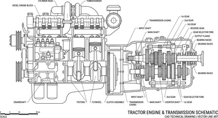 Technical engineering schematic blueprint diagram of a diesel tractor engine and transmission mechanism with detailed labels © MstMinara