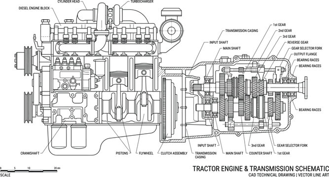 Technical engineering schematic blueprint diagram of a diesel tractor engine and transmission mechanism with detailed labels