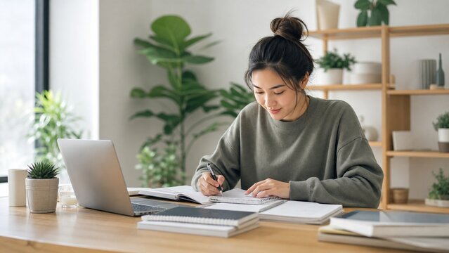modern remote work lifestyle student organizing study materials