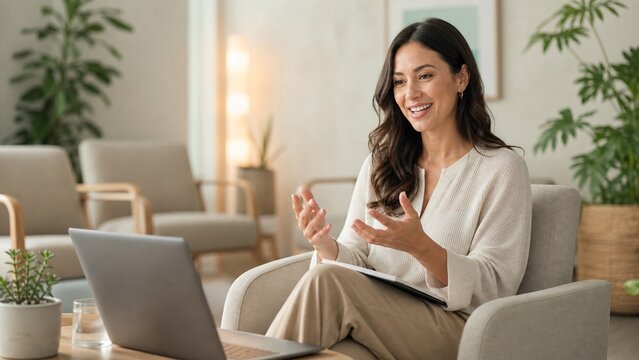 modern remote work lifestyle wellness coach in a bright room