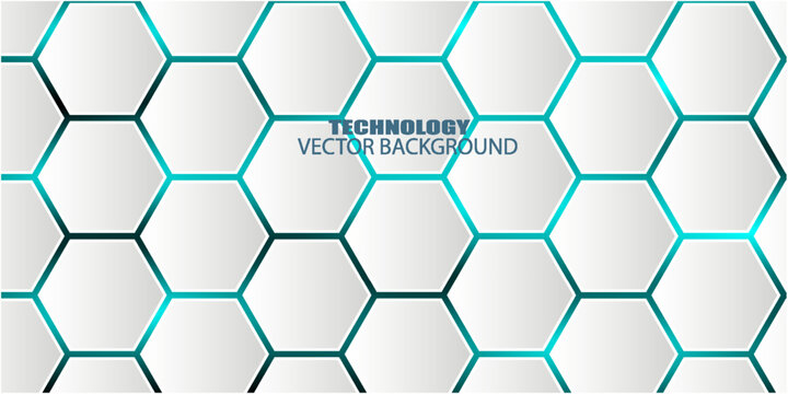 White 3d hexagonal technology vector abstract background. Blue bright energy flashes under hexagon in modern technology futuristic background vector illustration. White honeycomb texture grid.