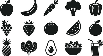 Black and white fruit and vegetable including a bowl of salad and a drink vegetables apple © hr graphics