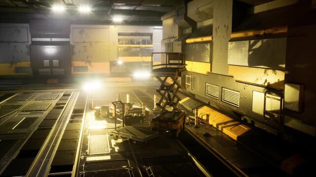 Cargo transit corridor bathed in golden light, pallet stacks and robotic trolleys, rolling tracks, service platforms, industrial signage, hazy atmosphere, dusty