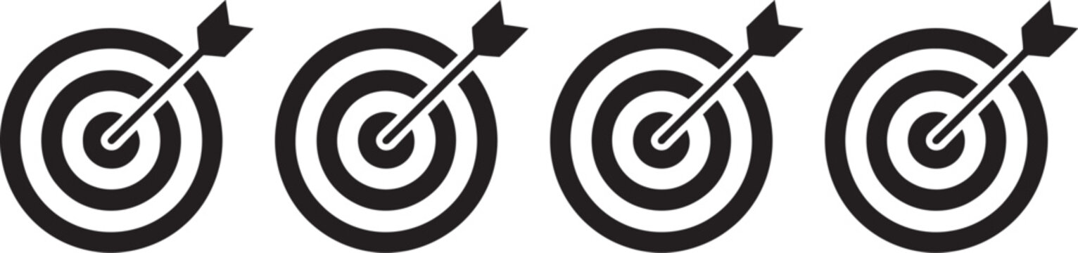  target goal and focus arrow icon collection featuring archery target symbols in flat vector style for business success, aiming, and precision themes.