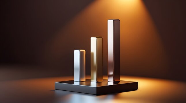 Premium 3D metallic bar chart app icon with gold, bronze and silver bars on deep bronze-black background, luxury growth and financial progress concept, cinematic Octane render aesthetic