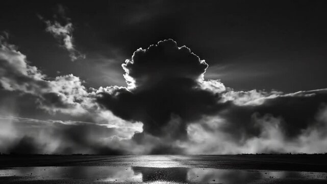 Dramatic black and white landscape of heavy storm clouds with fog and reflective ground for a powerful atmospheric scene