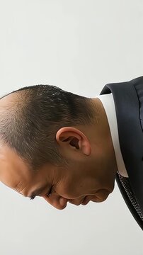 深々と頭を下げて謝罪の意を表すスーツ姿の年配男性の横顔
