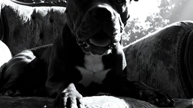 Black and white portrait of a pit bull dog relaxing in an antique armchair in sunlight