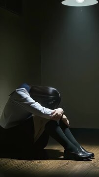 暗い電球の下で深くうつむき膝を抱えて座るセーラー服の女子生徒