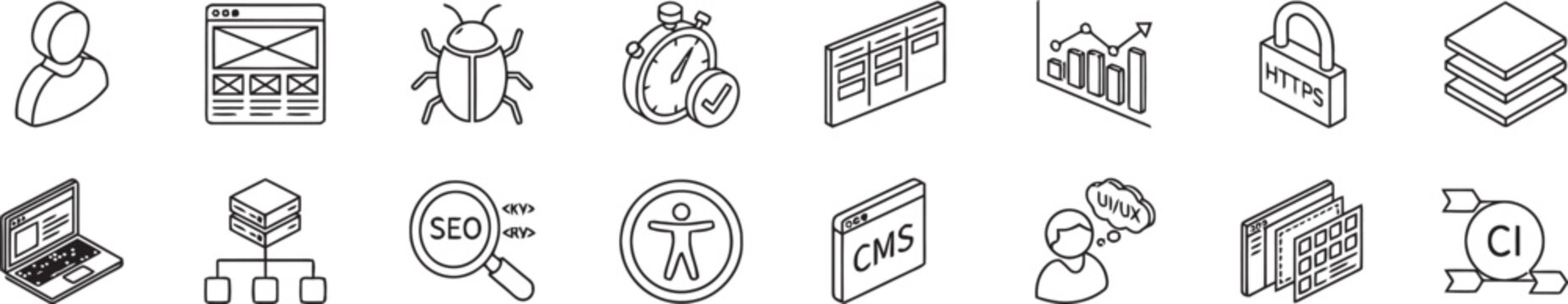 Web development and SEO isometric line icon set featuring software coding bug testing server hosting 