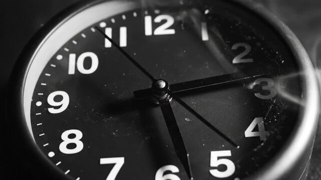 Black and White Clock Time Lapse Showing the Passage of Minutes on a Dark Surface with Smoke