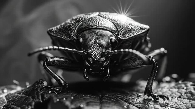 Black and White Close Up Macro of Beetle on Leaf Surrounded by Thorns, Textured Detailed Insect