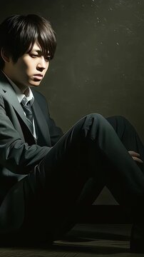 暗い部屋の床に座り込み、物憂げな表情で俯くスーツ姿の若い男性