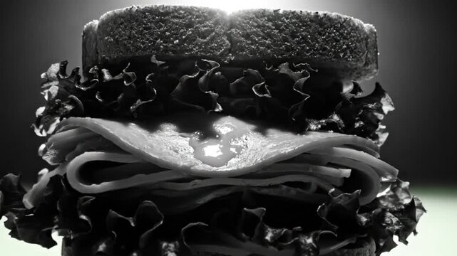 Dramatic Black and White Shot of a Delicious Ham and Cheese Sandwich on Dark Background