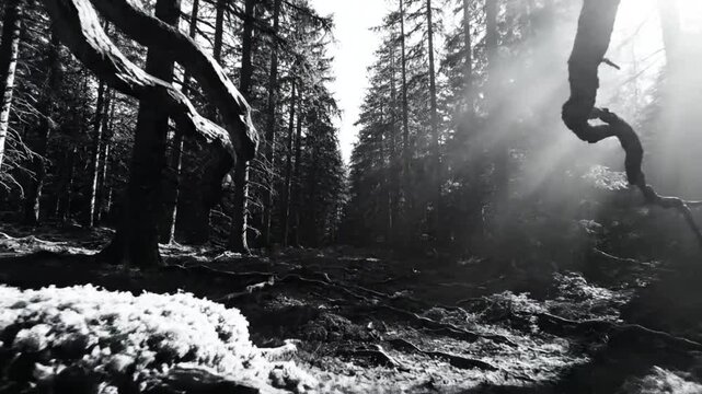 Black and white shot of a forest with sunlight streaming through the trees creating a mysterious atmosphere