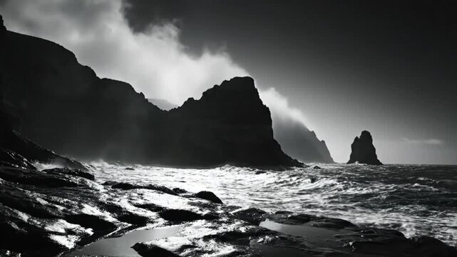 Dramatic black and white seascape with crashing waves against rocky cliffs, moody coastal landscape