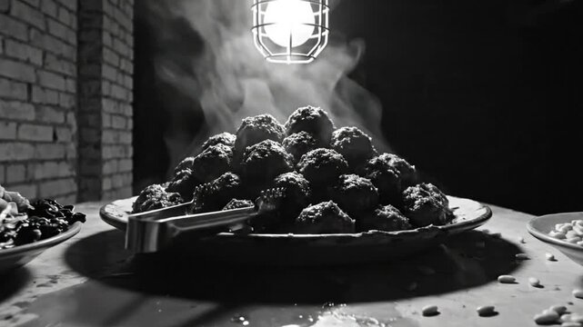 Dramatic black and white close up of a steaming plate of meatballs lit by a caged hanging light