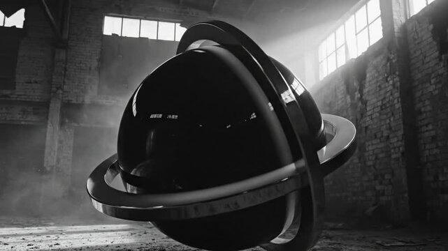 Abstract Rotating Glossy Black Sphere with Orbiting Rings in Atmospheric Brick Building