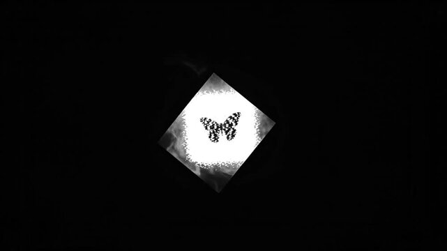 Black and white abstract digital butterfly graphic in a glowing square with smoke on a dark background