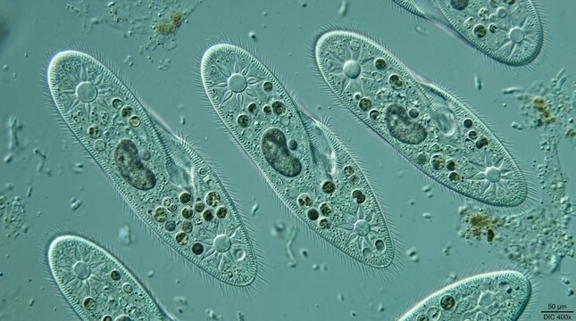 Microscopic view of paramecium microorganisms floating in water showing cellular structure, cilia and biological details for science, microbiology, laboratory research and educational life study