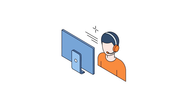 Man wearing headset by computer screen.