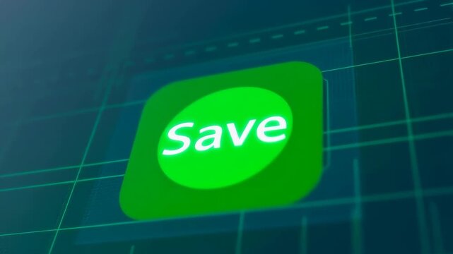 Save button glowing green with digital grid background featuring interface, user, interaction with technology and software elements for application,