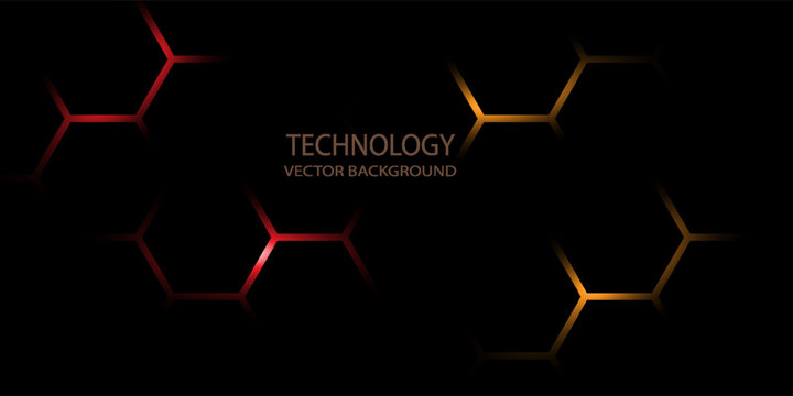 Black hexagonal technology abstract vector background with red and orange colored bright flashes under hexagon. Hexagonal gaming vector abstract background.