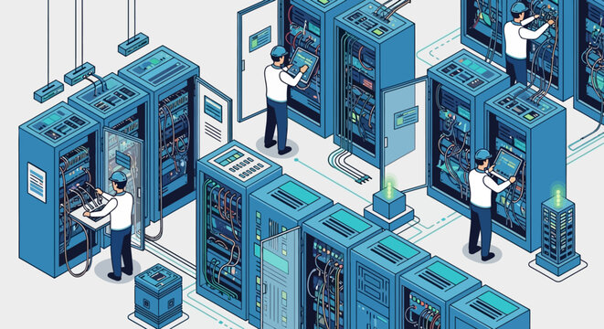 Technicians working on server systems.