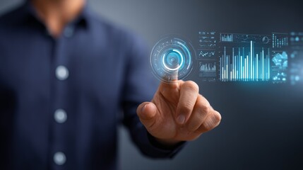 Fototapeta premium Businessman interacts with futuristic virtual interface, touching a digital screen with data analytics and holographic charts. Innovative technology and digital transformation concept