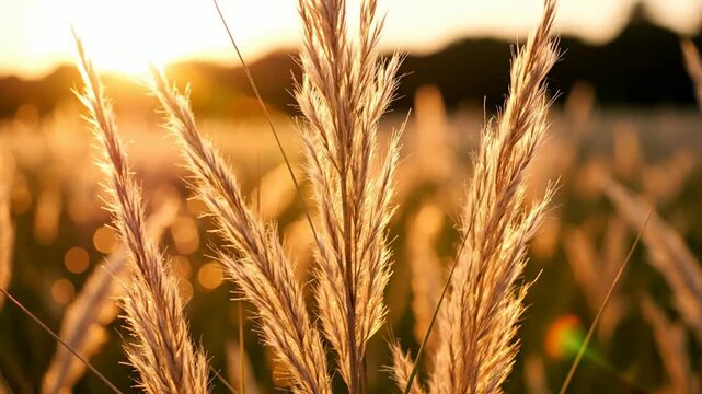 Golden hour pampas grass swaying in gentle breeze at sunset with soft bokeh background warm aesthetic nature scene for