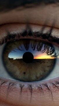 Vertical video: Holding gaze in macro from low sun on cornea eye showing sunset and lens reflection