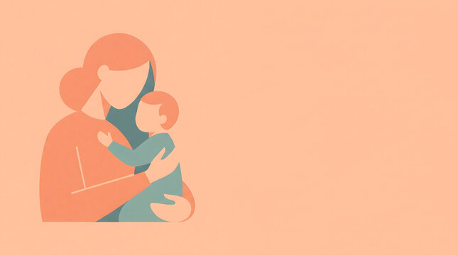 Mother holding newborn infant in flat illustration with warm peach background